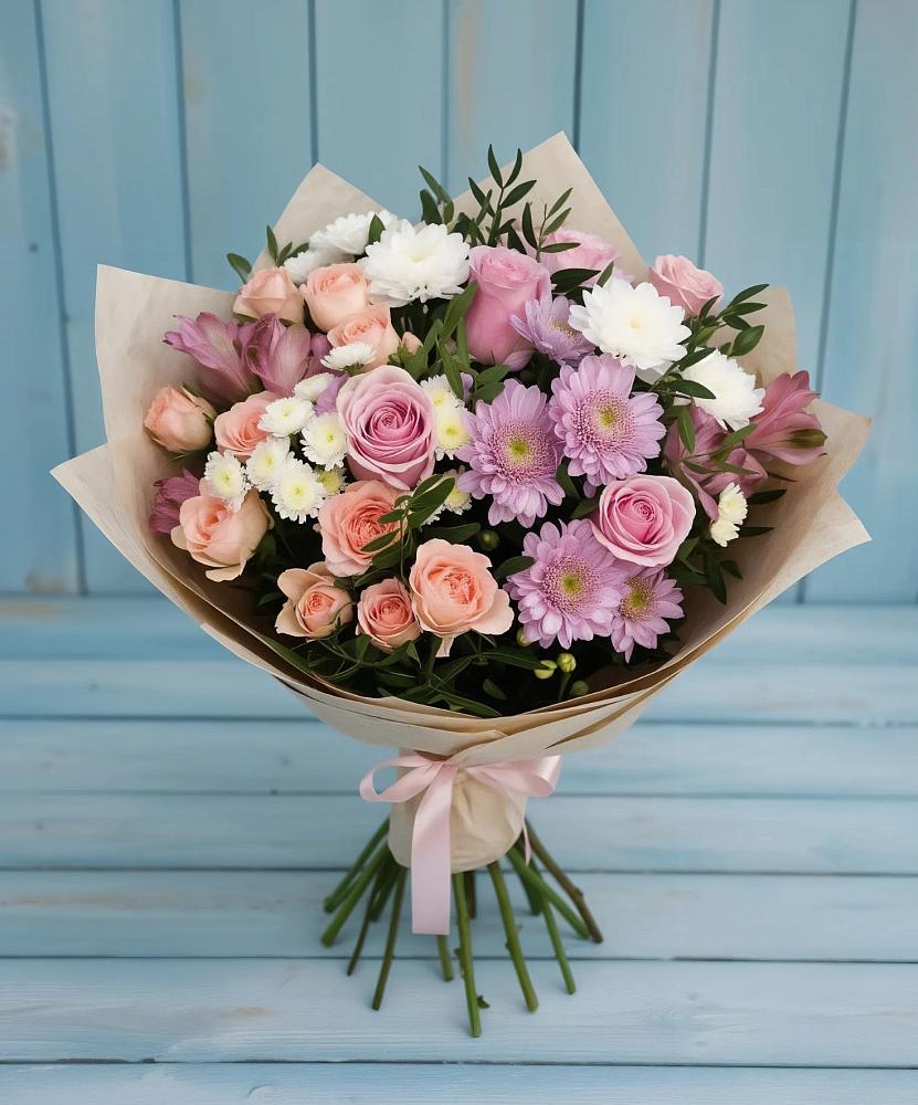 Букет цветов из: Хризантемы, Розы и Альстромерии в Курорт-Дарасун