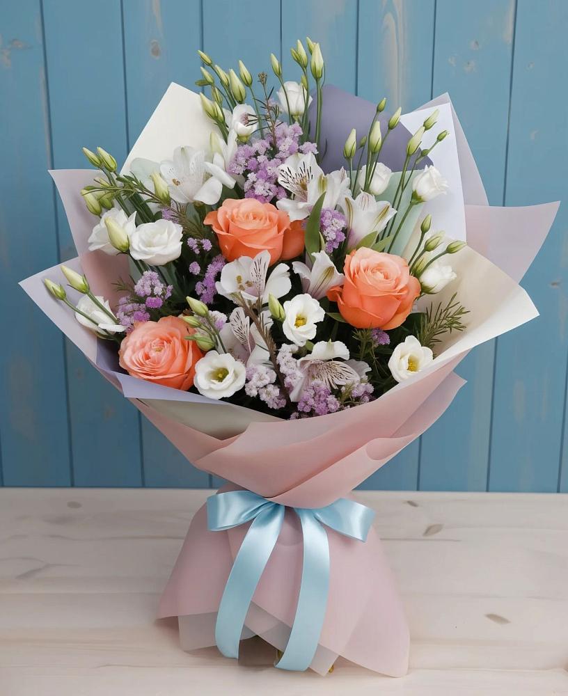 Букет цветов из: Лизиантусы, Розы, Альстромерии и Гипсофила в Курорт-Дарасун